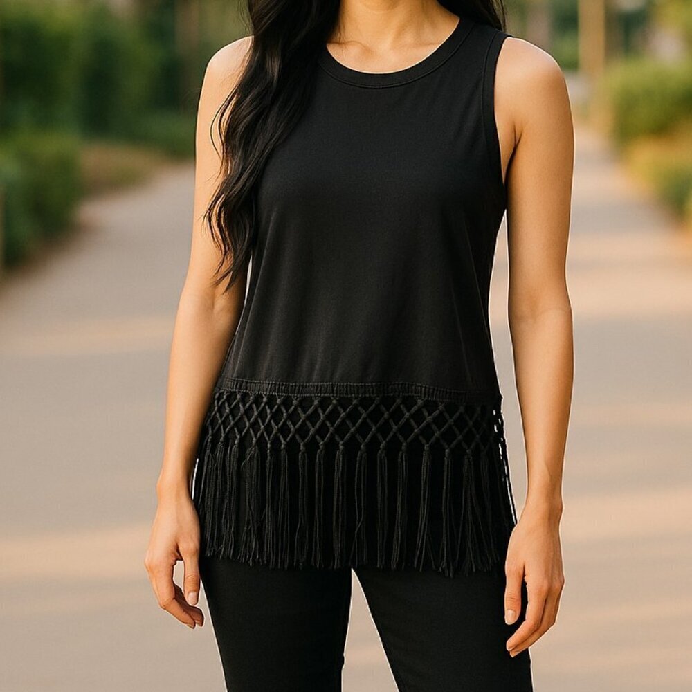 Roommates Sleeveless Fringe Hem Boho Black Slit Tank Top